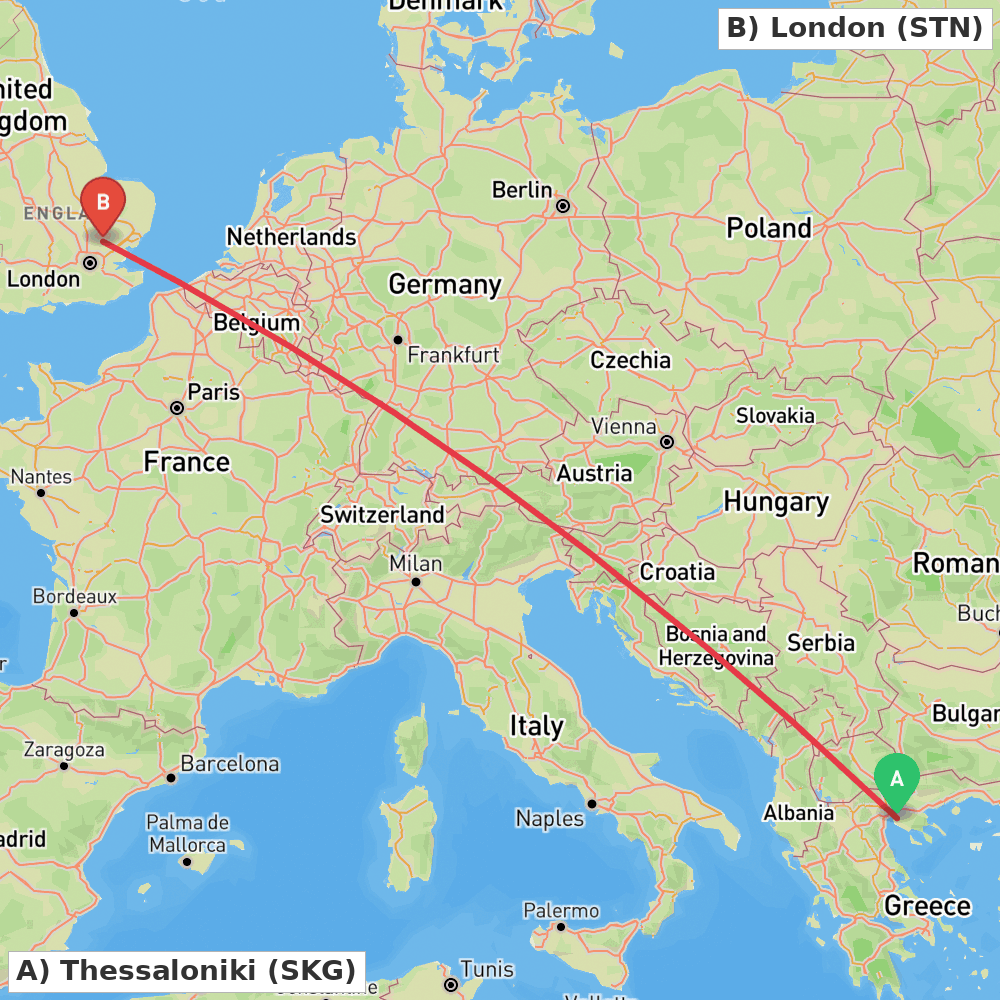 Flight route map from Thessaloniki to London