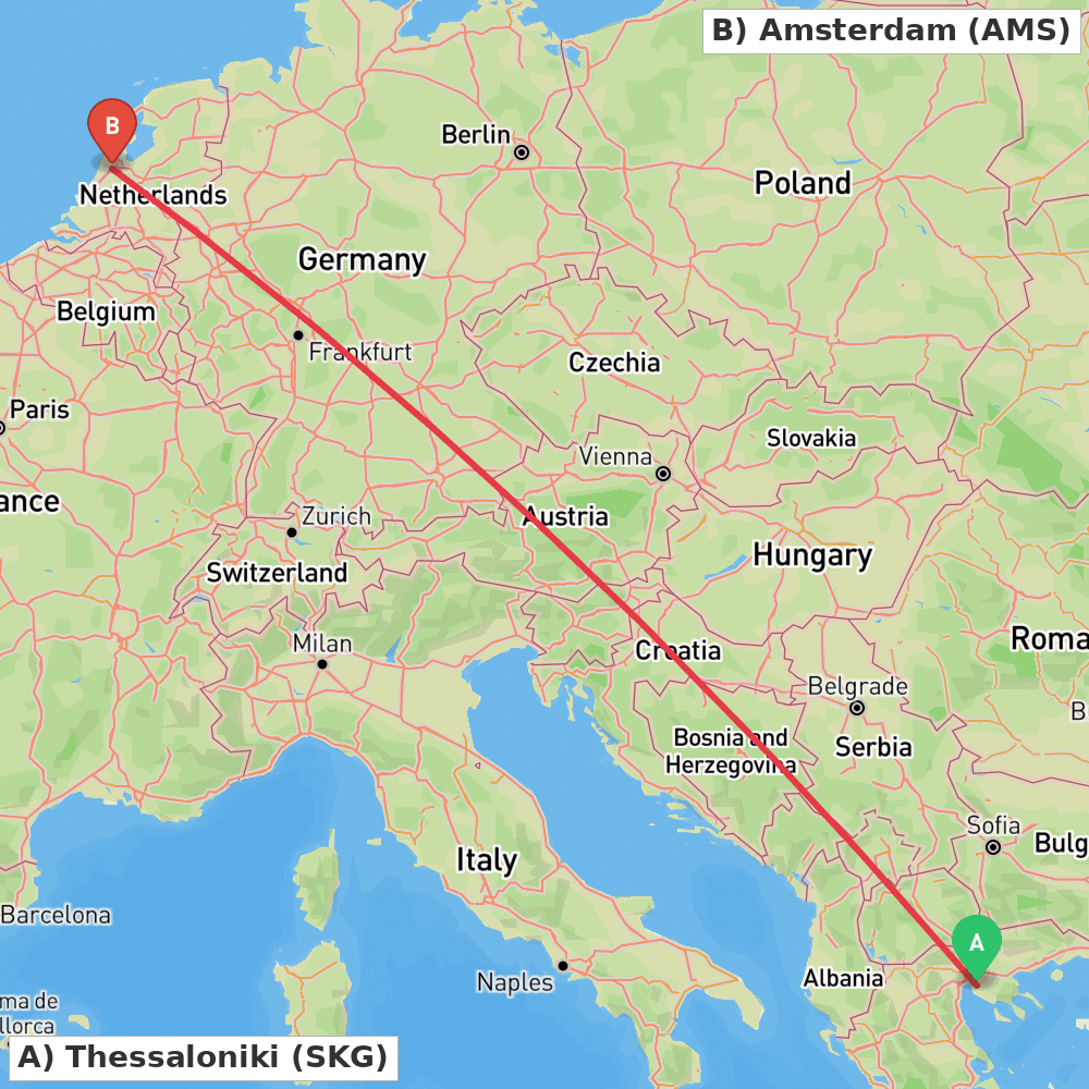 Flight route map from Thessaloniki to Amsterdam