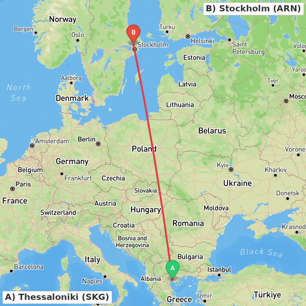Flight route map from Thessaloniki to Stockholm