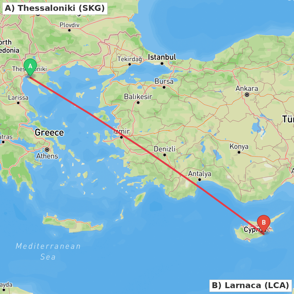 Flight route map from Thessaloniki to Larnaca