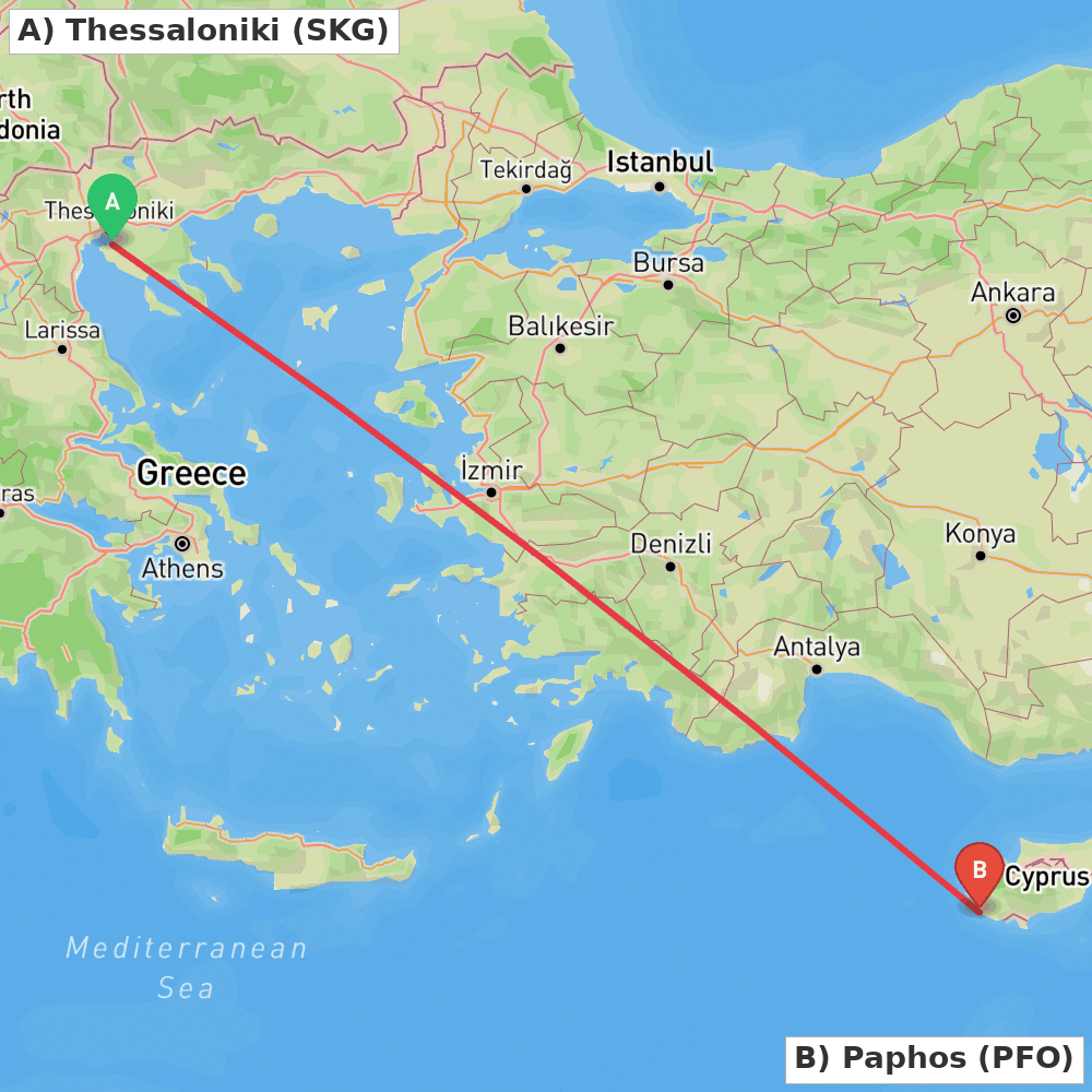 Flight route map from Thessaloniki to Paphos