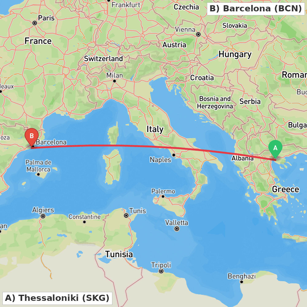 Flight route map from Thessaloniki to Barcelona