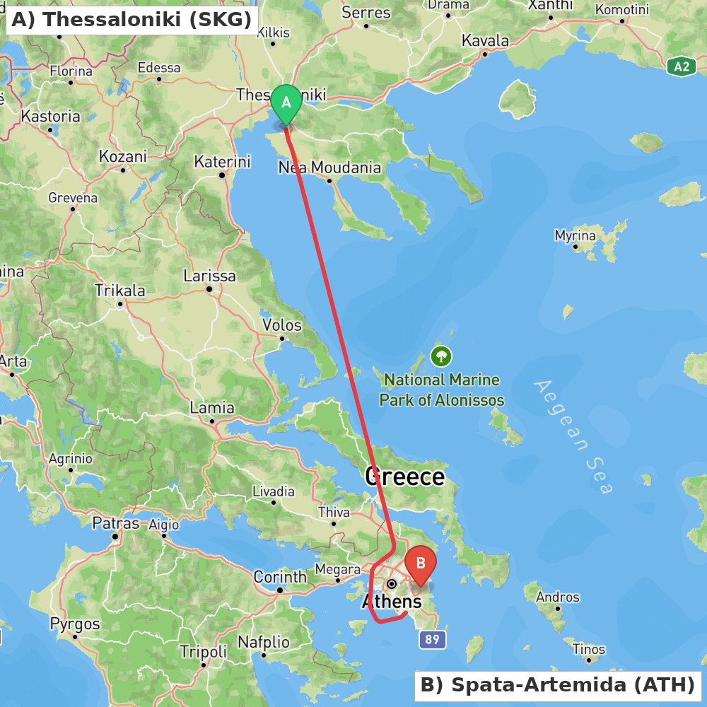 Flight route map from Thessaloniki to Spata-Artemida