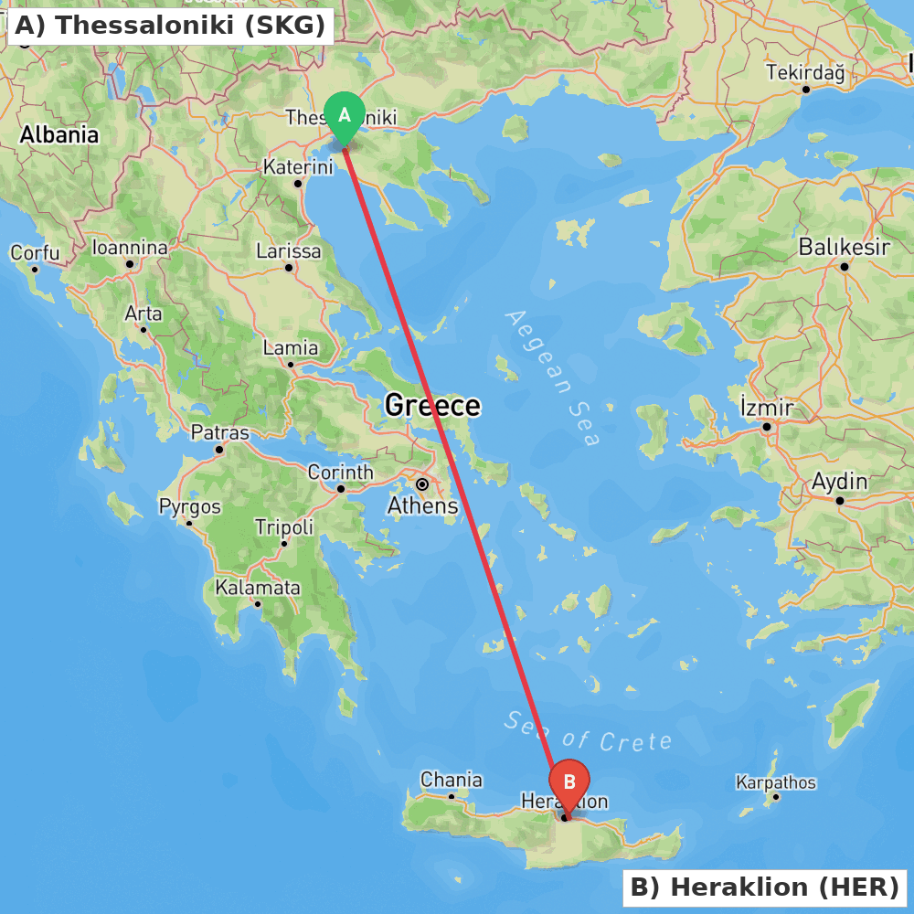 Flight route map from Thessaloniki to Heraklion