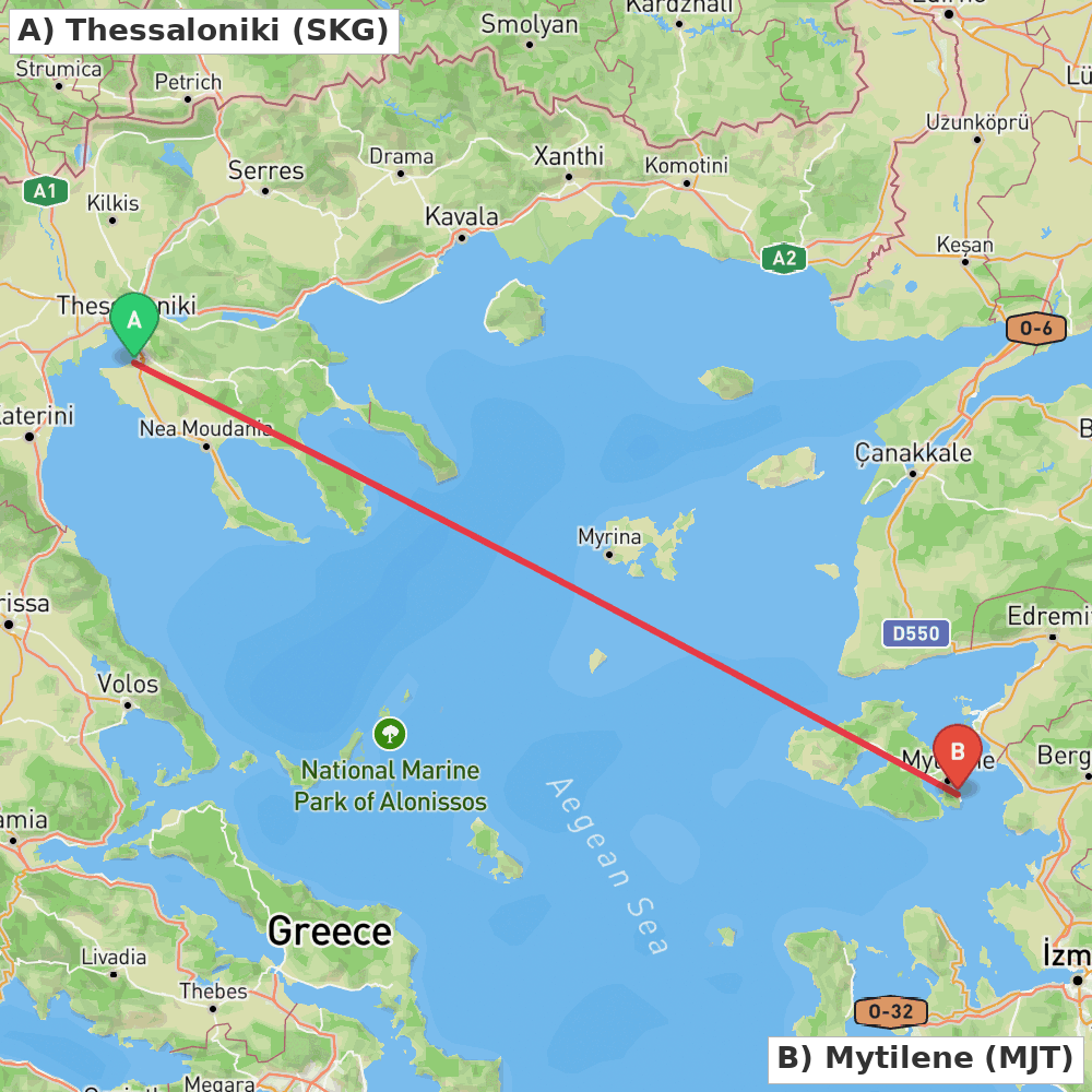 Flight route map from Thessaloniki to Mytilene