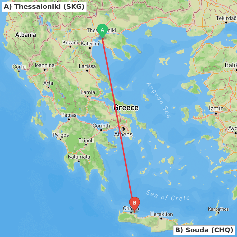 Flight route map from Thessaloniki to Souda