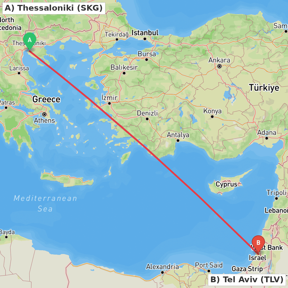 Flight route map from Thessaloniki to Tel Aviv