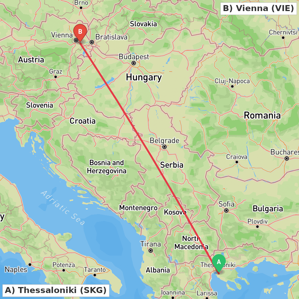 Flight route map from Thessaloniki to Vienna