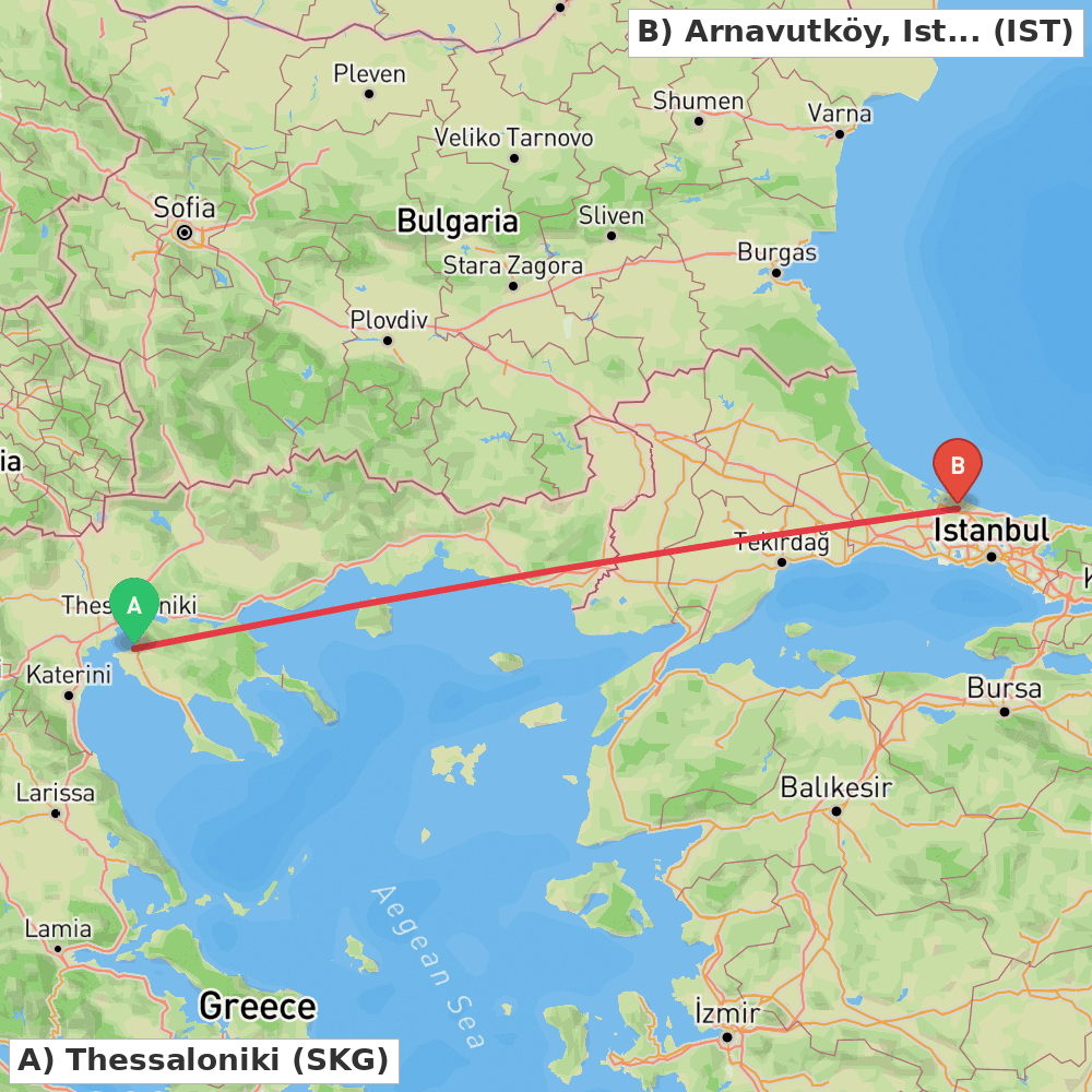 Flight route map from Thessaloniki to Arnavutköy, Istanbul