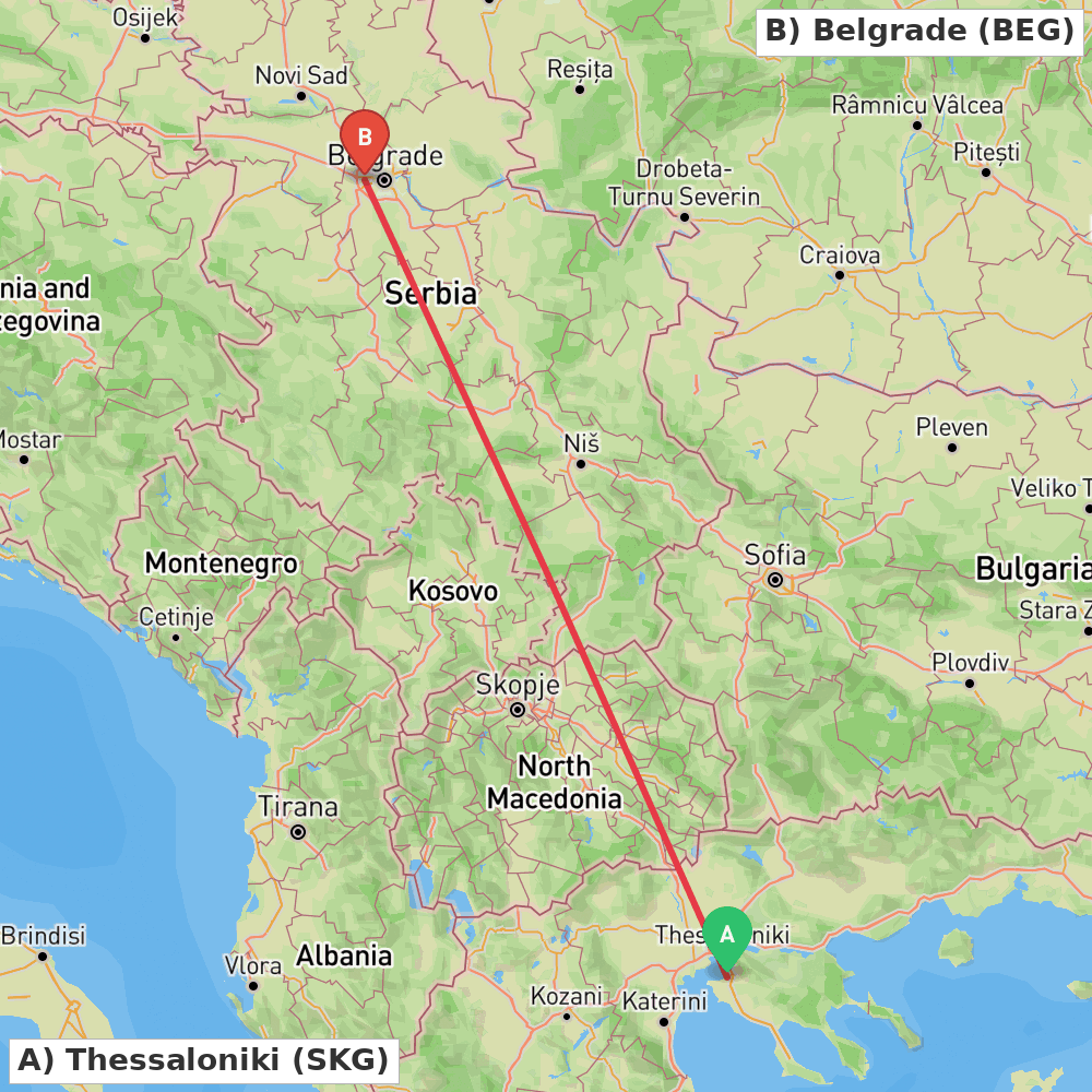 Flight route map from Thessaloniki to Belgrade
