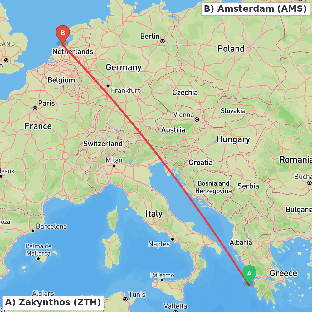 Flight route map from Zakynthos to Amsterdam