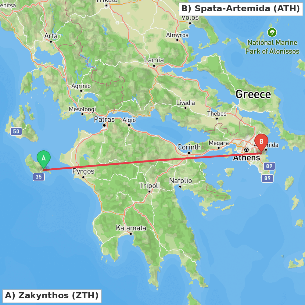 Flight route map from Zakynthos to Spata-Artemida