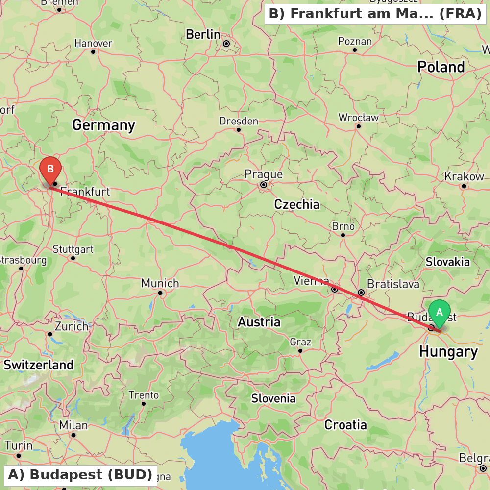 Flight route map from Budapest to Frankfurt am Main