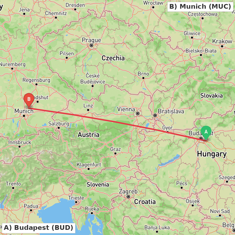 Flight route map from Budapest to Munich