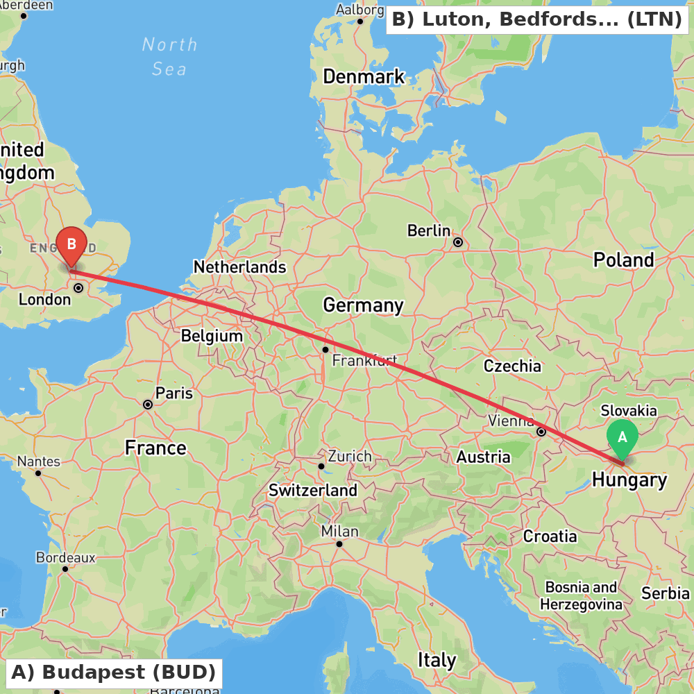 Flight route map from Budapest to Luton, Bedfordshire