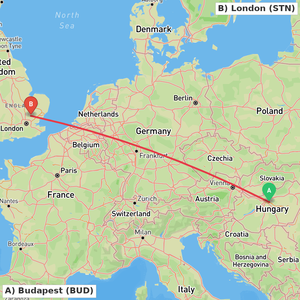 Flight route map from Budapest to London