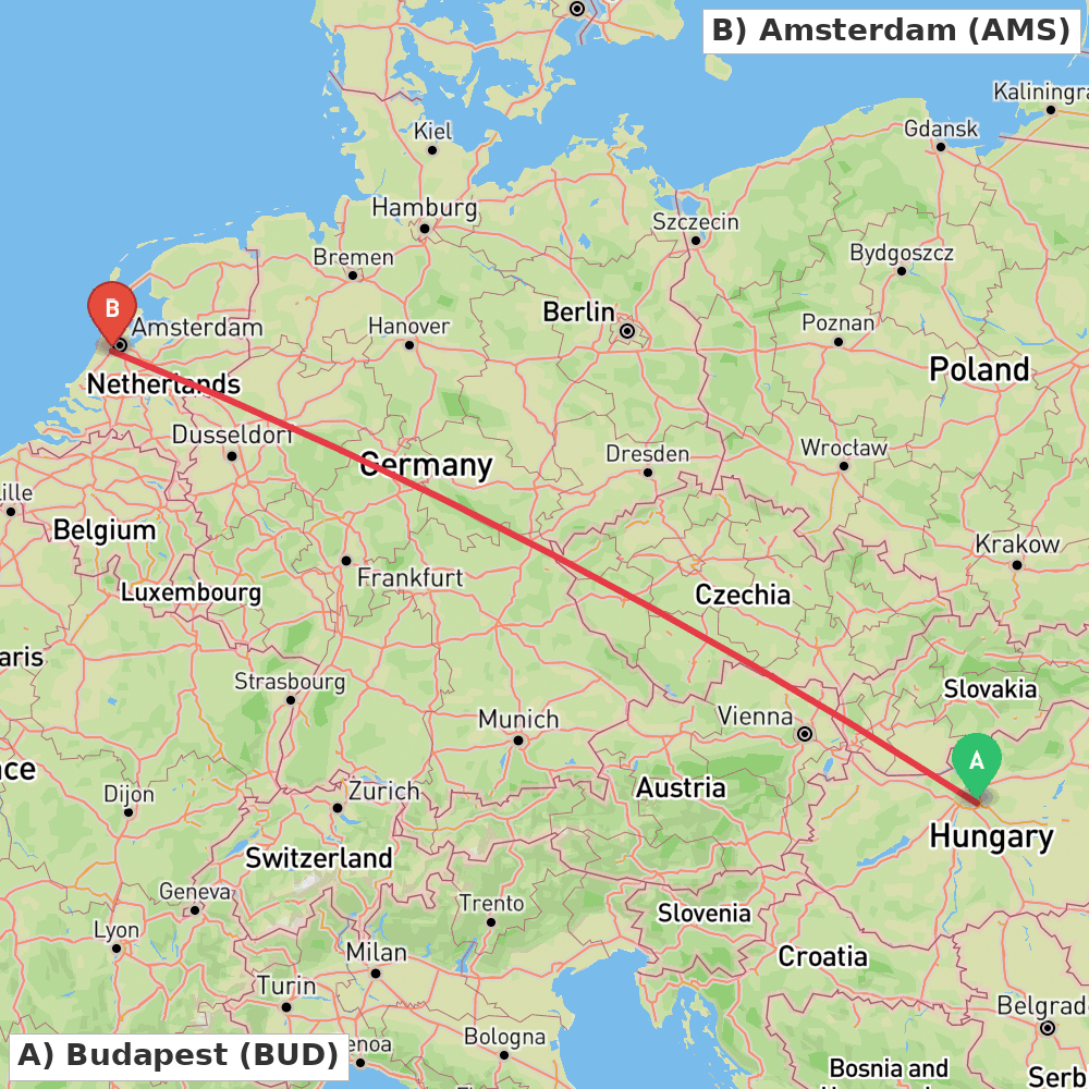 Flight route map from Budapest to Amsterdam