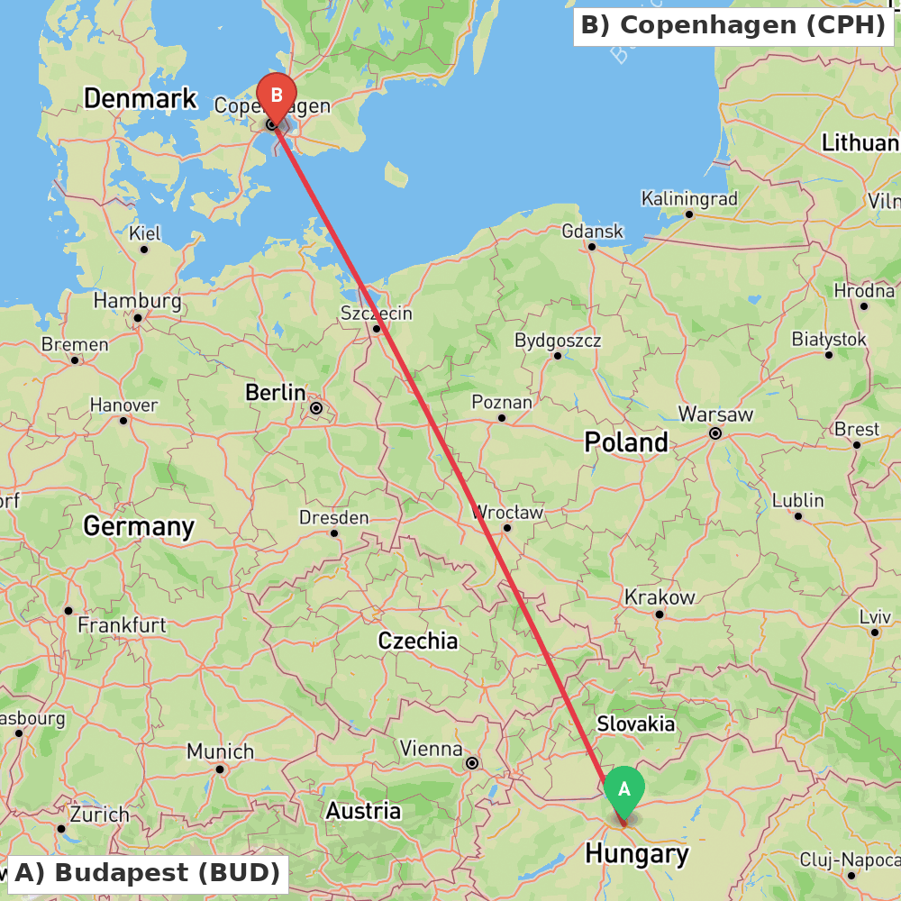 Flight route map from Budapest to Copenhagen