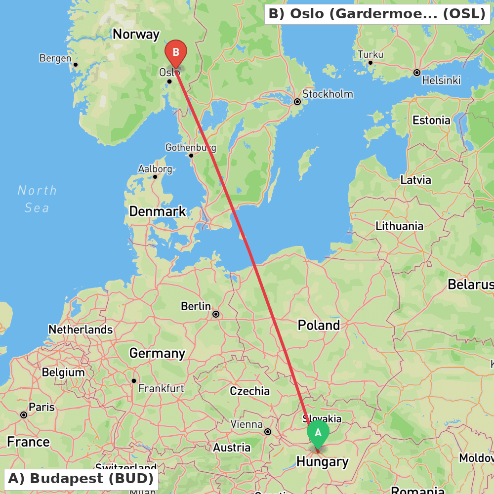 Flight route map from Budapest to Oslo (Gardermoen)