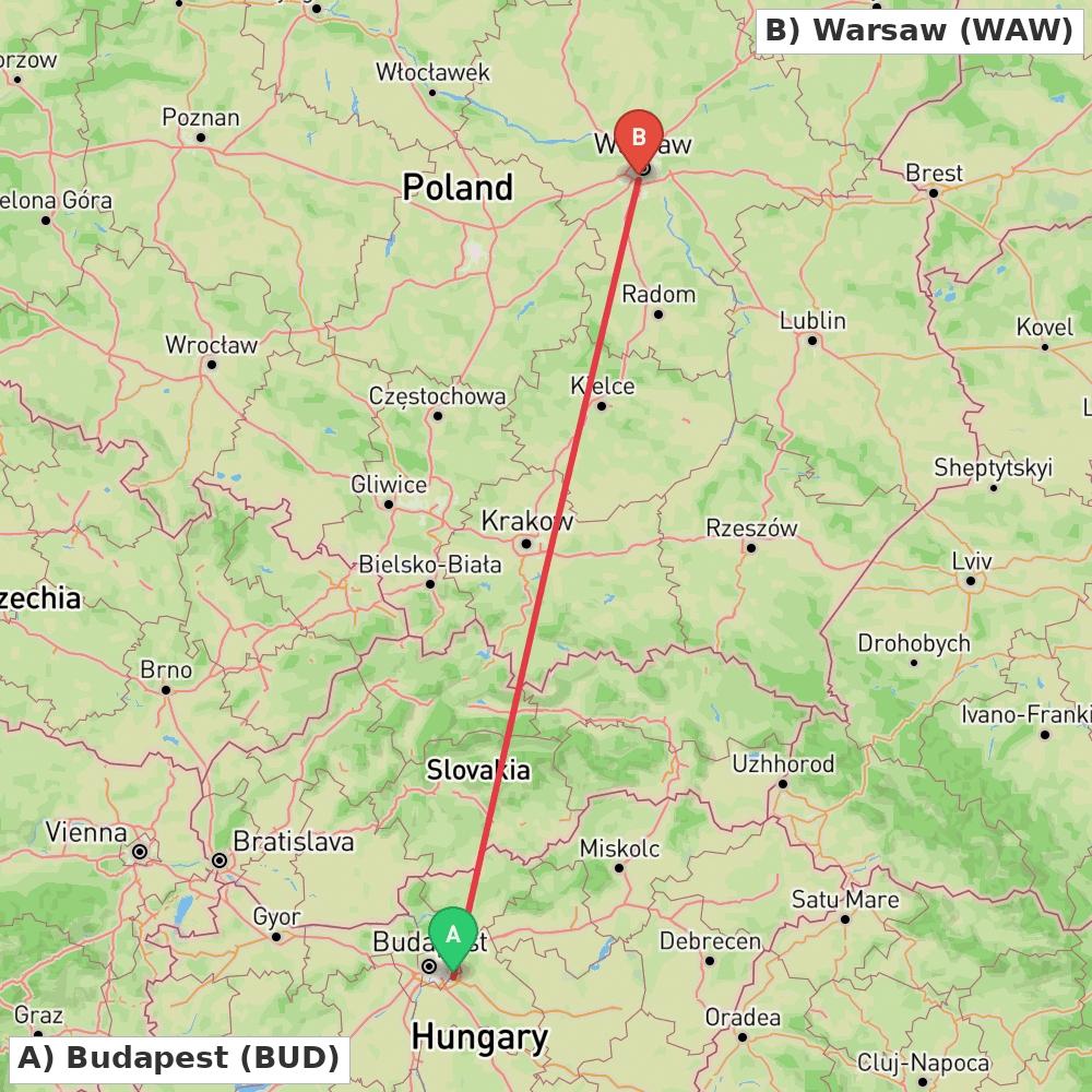 Flight route map from Budapest to Warsaw