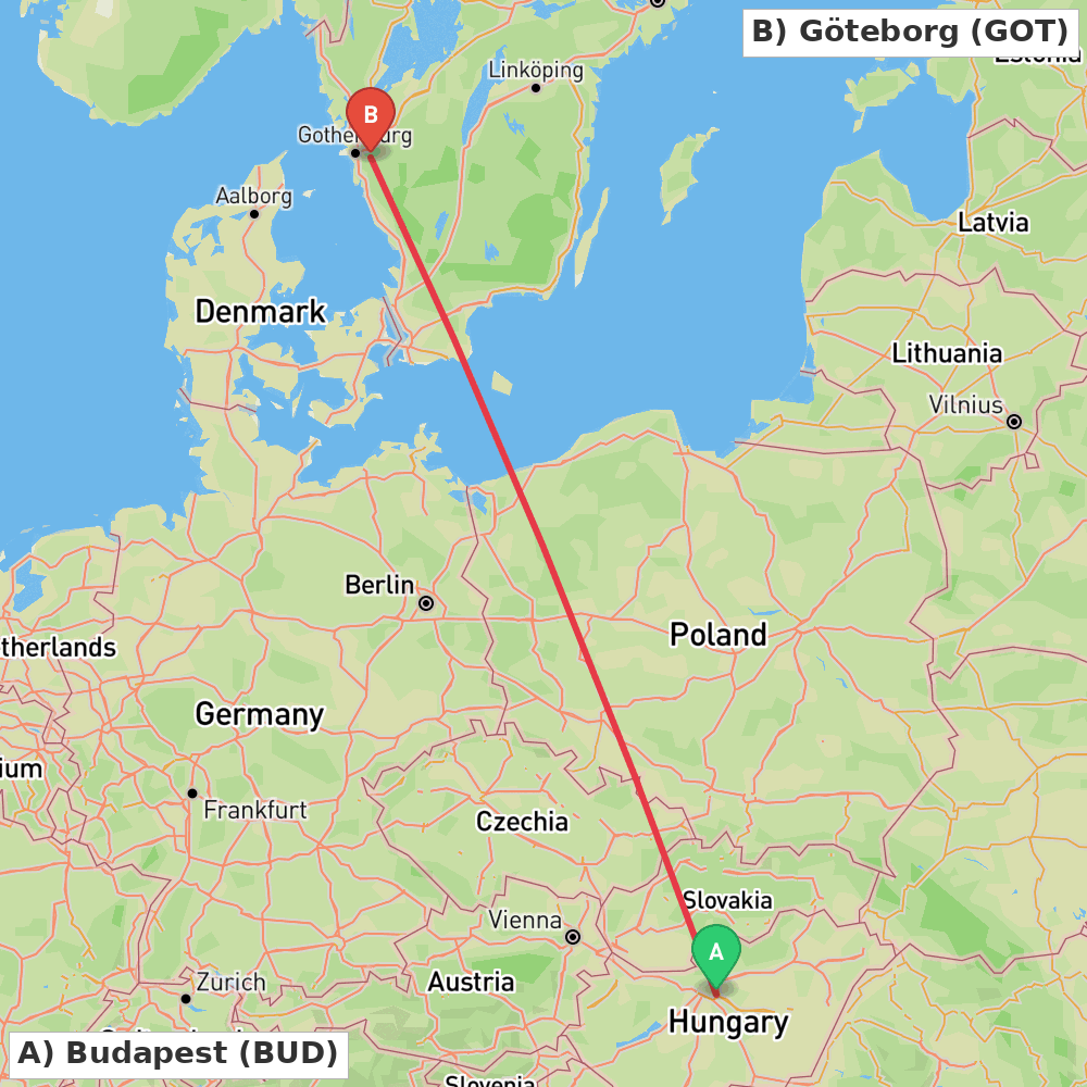 Flight route map from Budapest to Göteborg