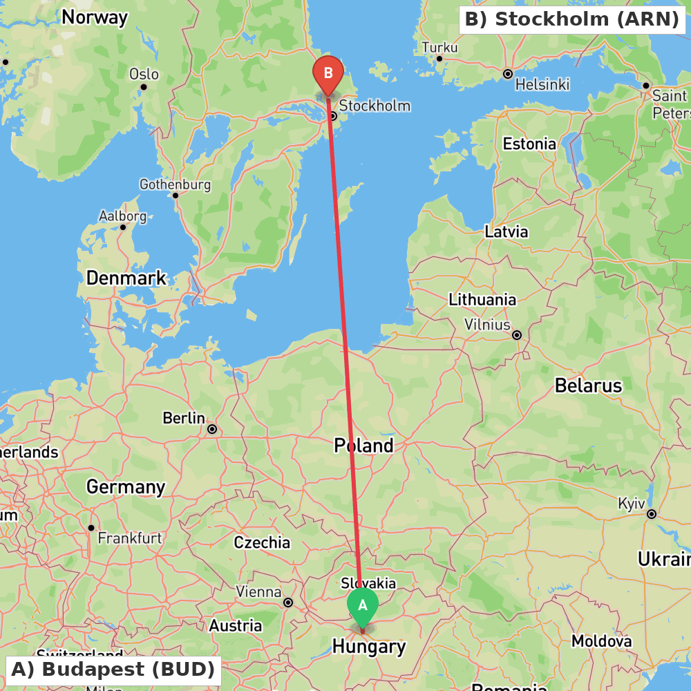 Flight route map from Budapest to Stockholm