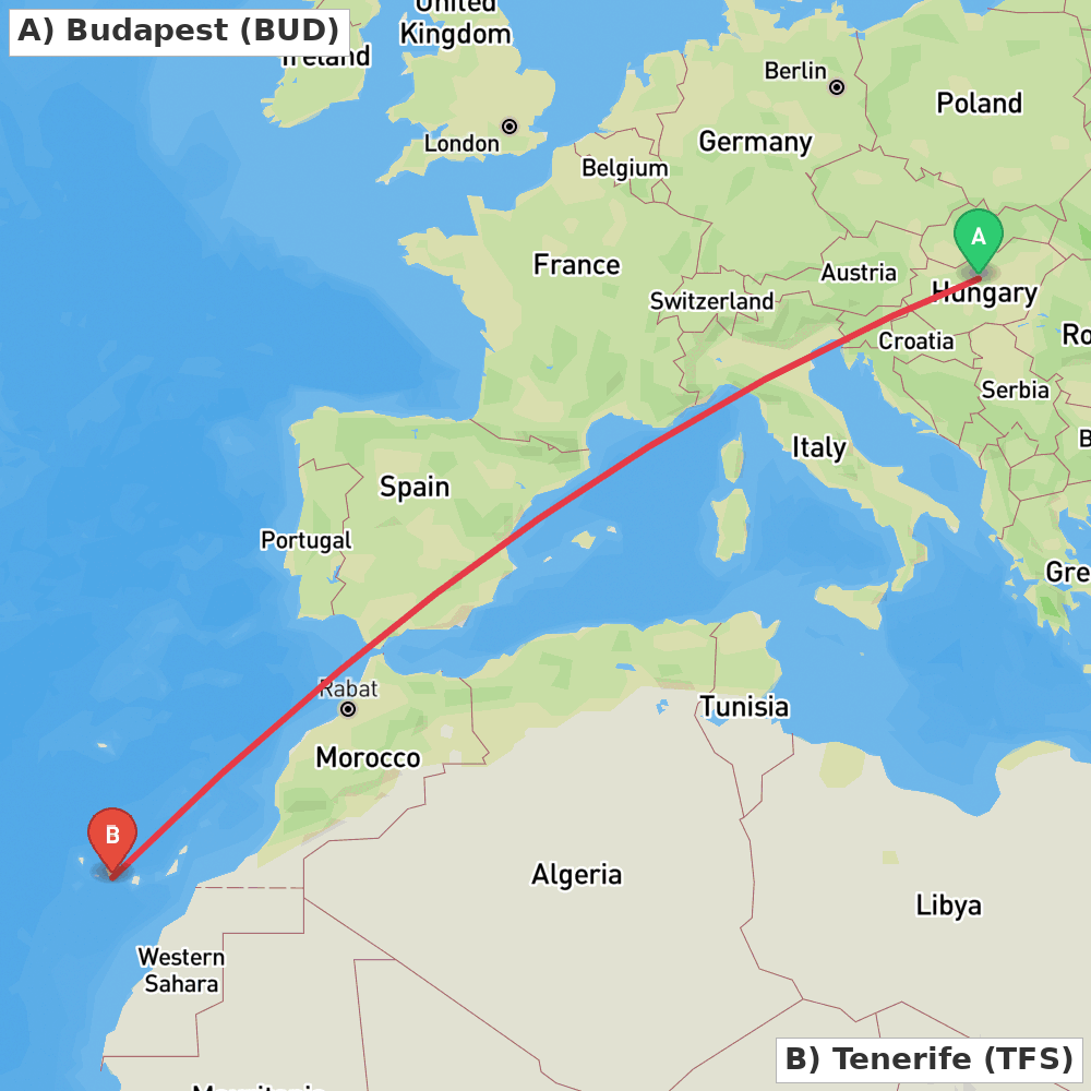 Flight route map from Budapest to Tenerife