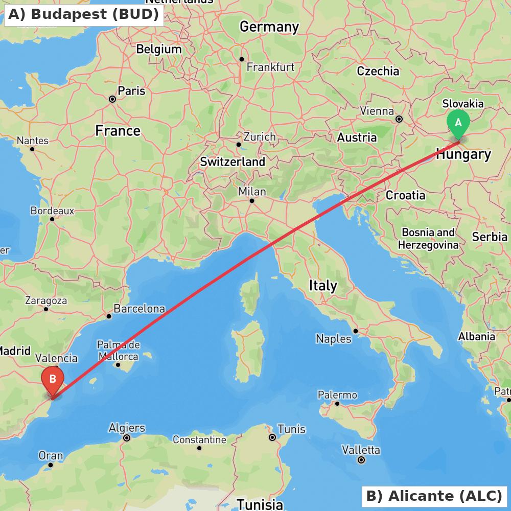 Flight route map from Budapest to Alicante