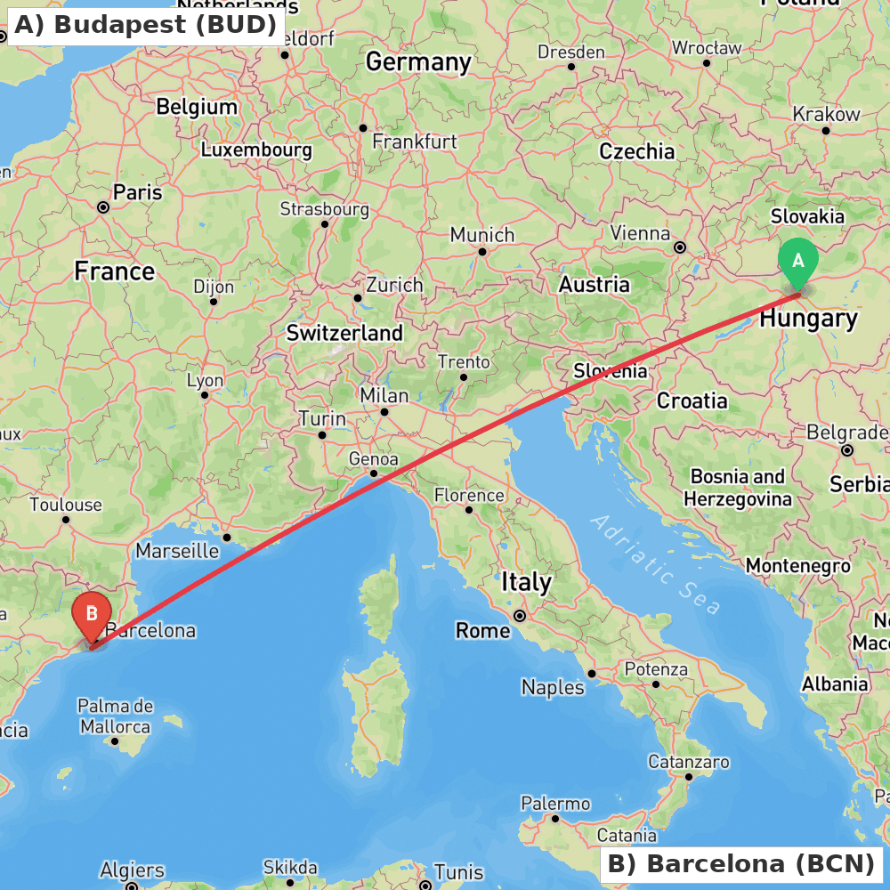Flight route map from Budapest to Barcelona