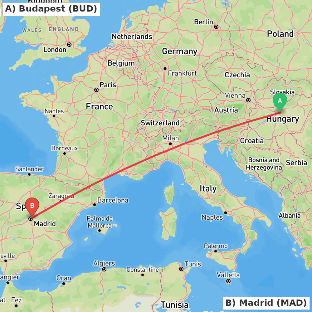 Flight route map from Budapest to Madrid