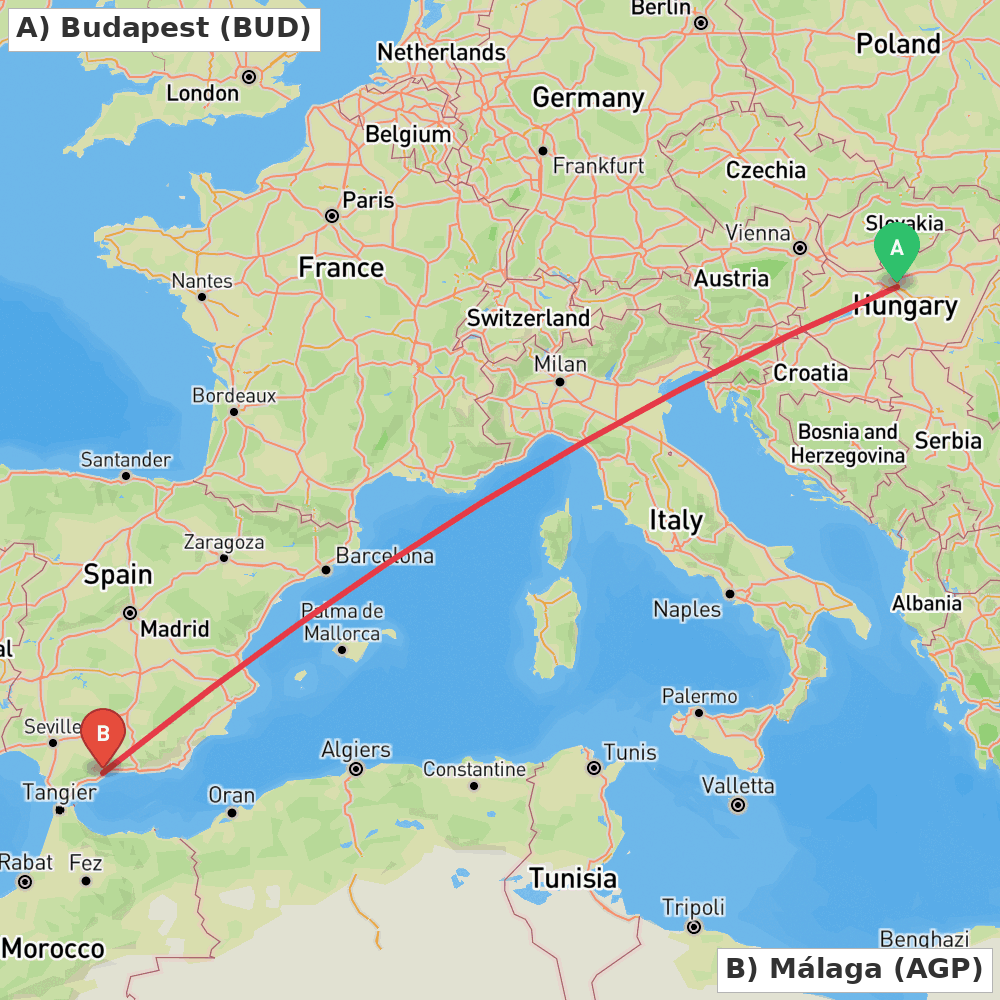 Flight route map from Budapest to Málaga