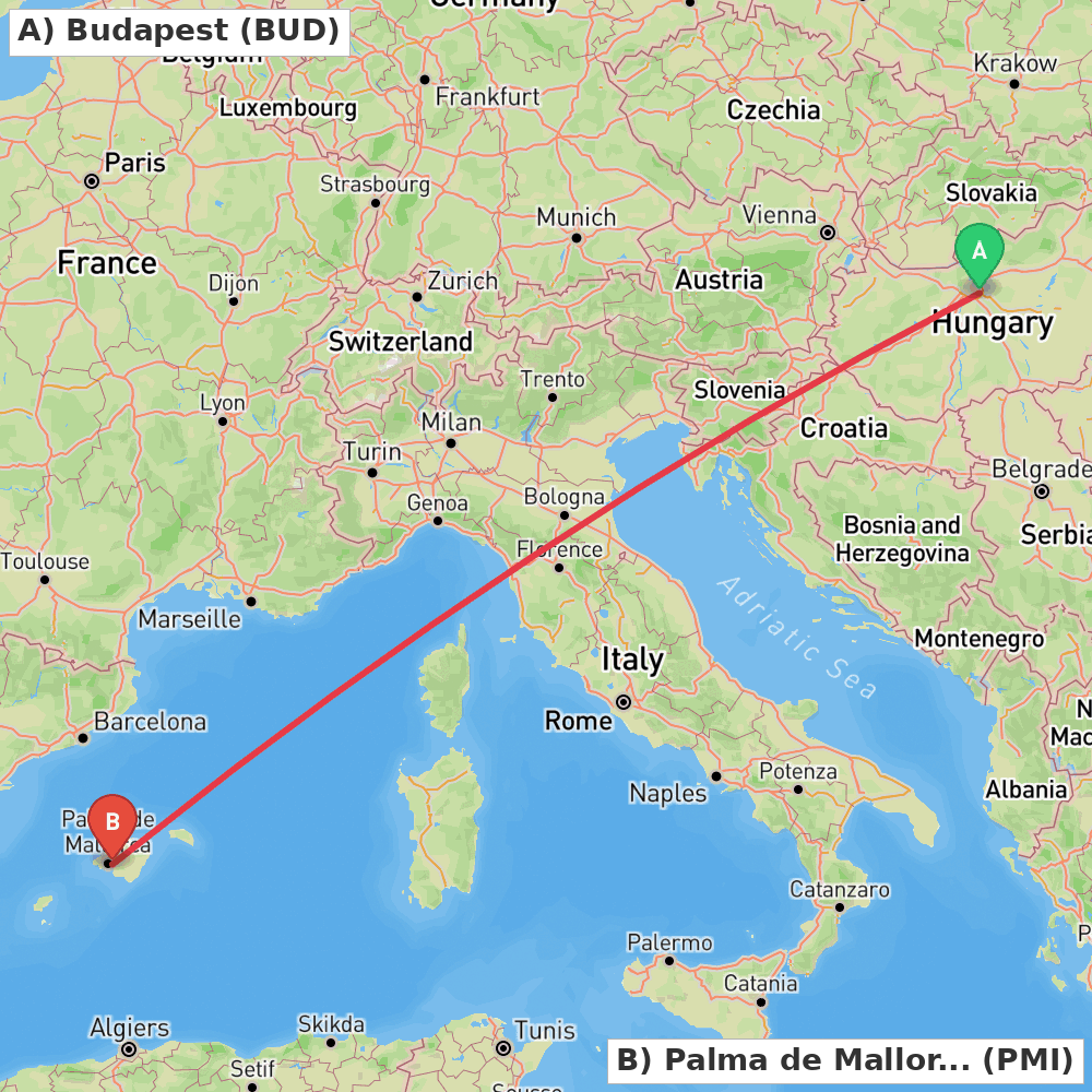 Flight route map from Budapest to Palma de Mallorca