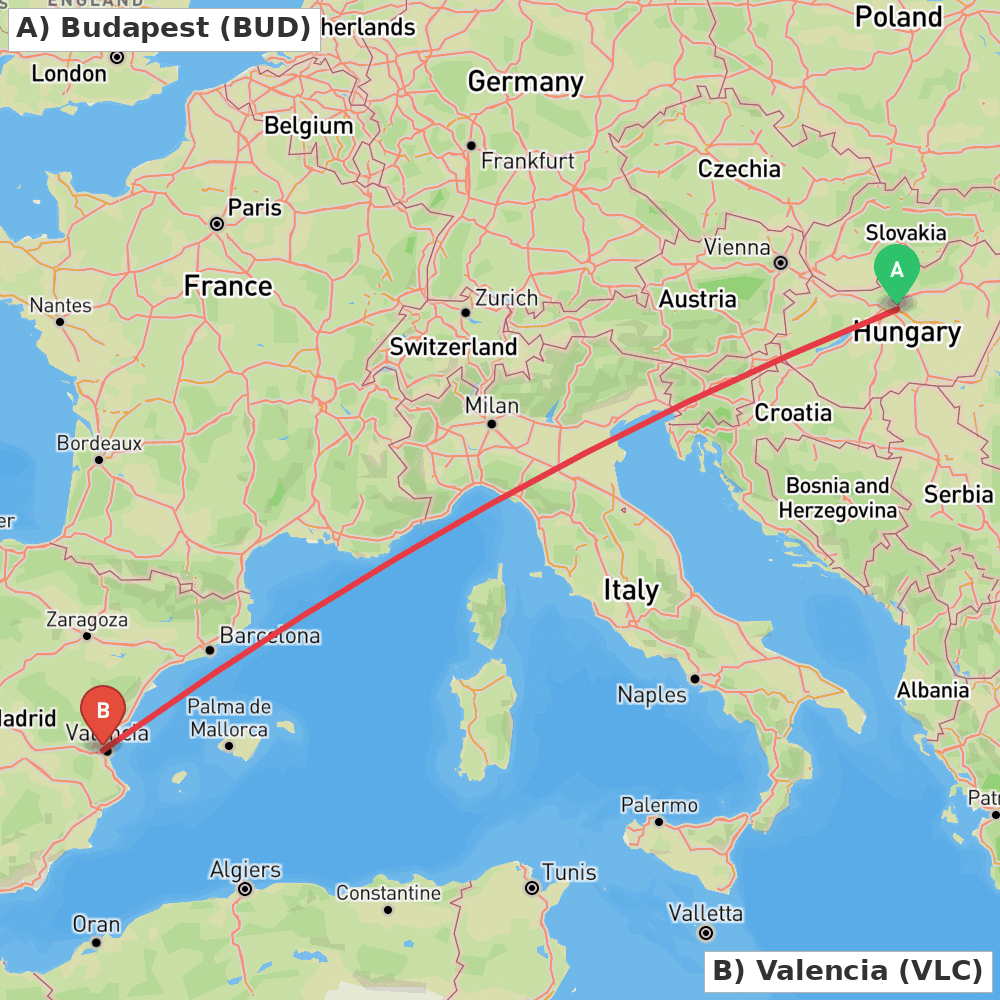 Flight route map from Budapest to Valencia