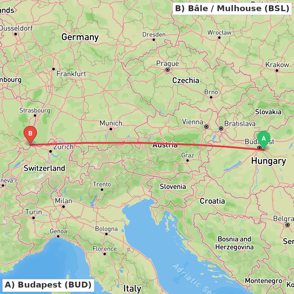 Flight route map from Budapest to Bâle / Mulhouse