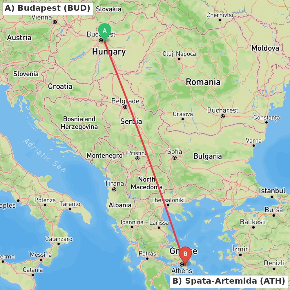 Flight route map from Budapest to Spata-Artemida