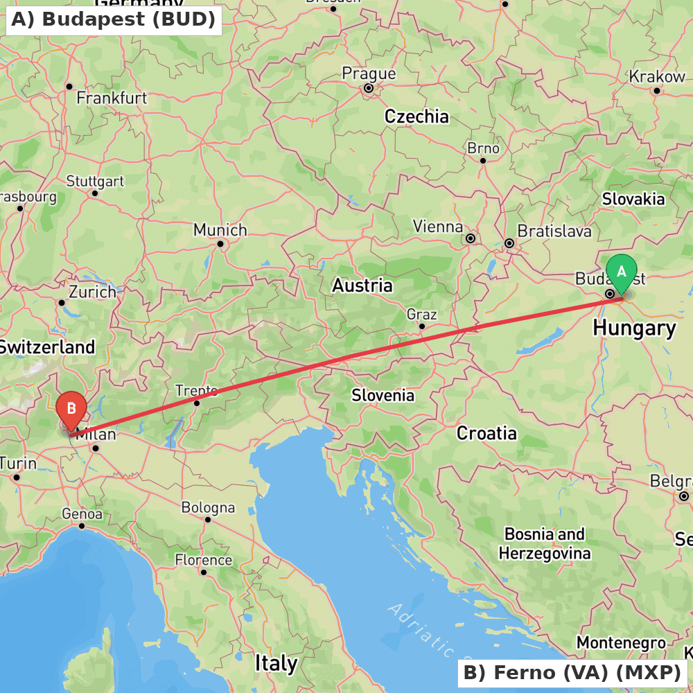 Flight route map from Budapest to Ferno (VA)