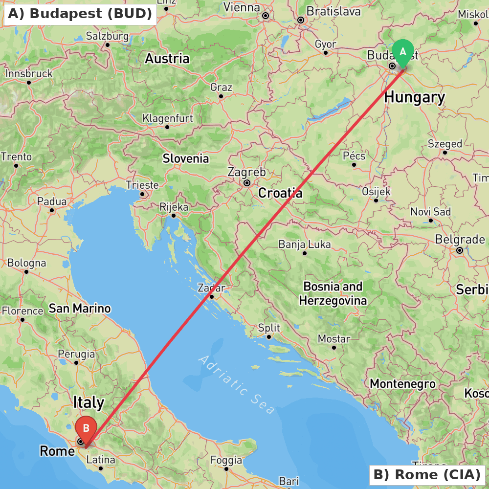 Flight route map from Budapest to Rome