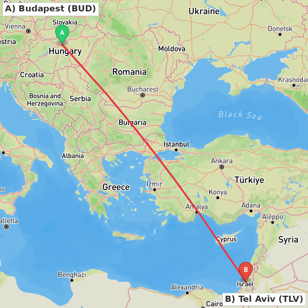 Flight route map from Budapest to Tel Aviv