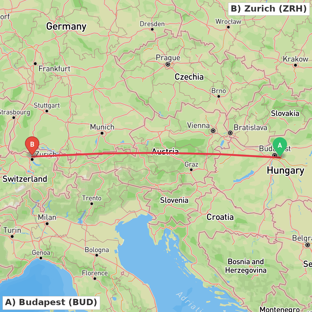 Flight route map from Budapest to Zurich