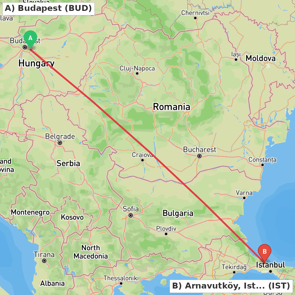 Flight route map from Budapest to Arnavutköy, Istanbul
