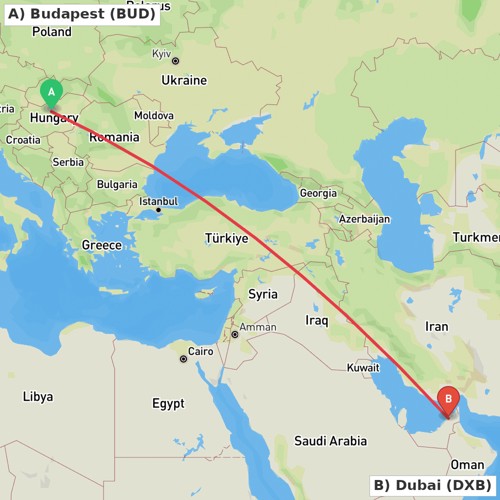 Flight route map from Budapest to Dubai