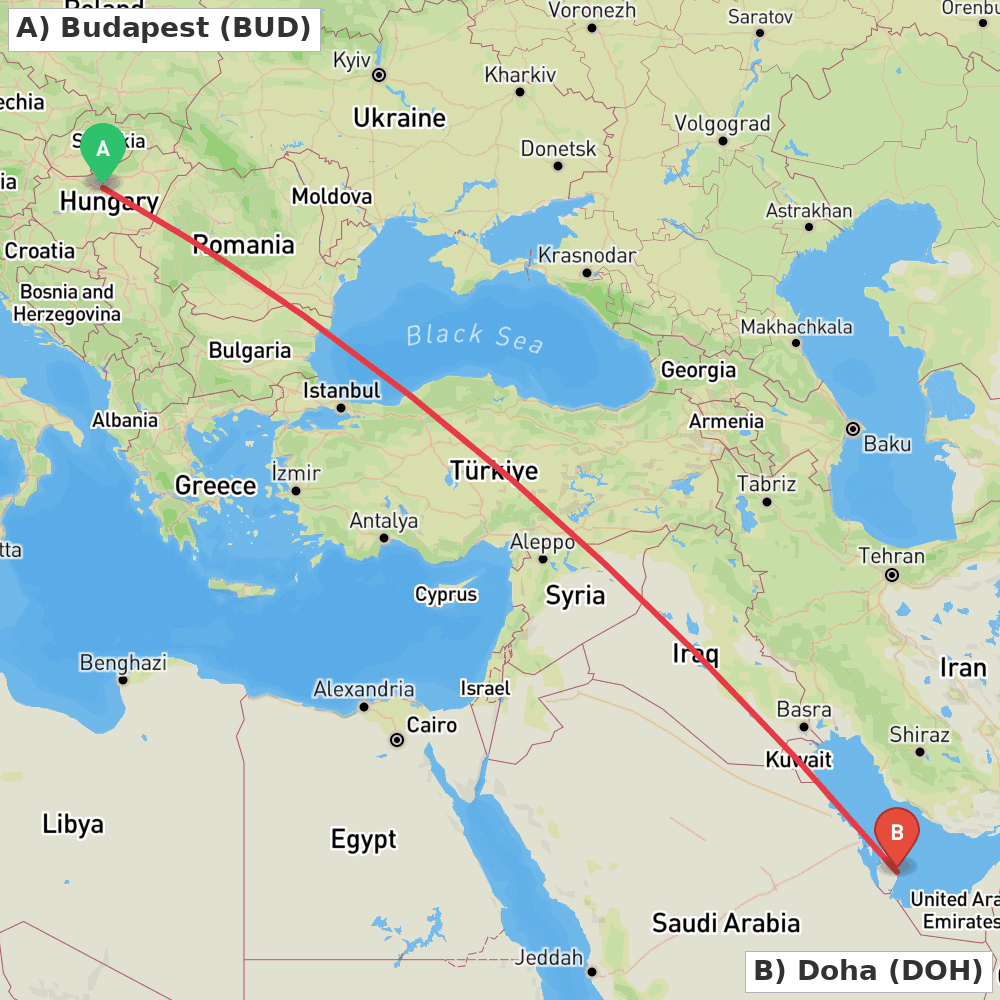Flight route map from Budapest to Doha