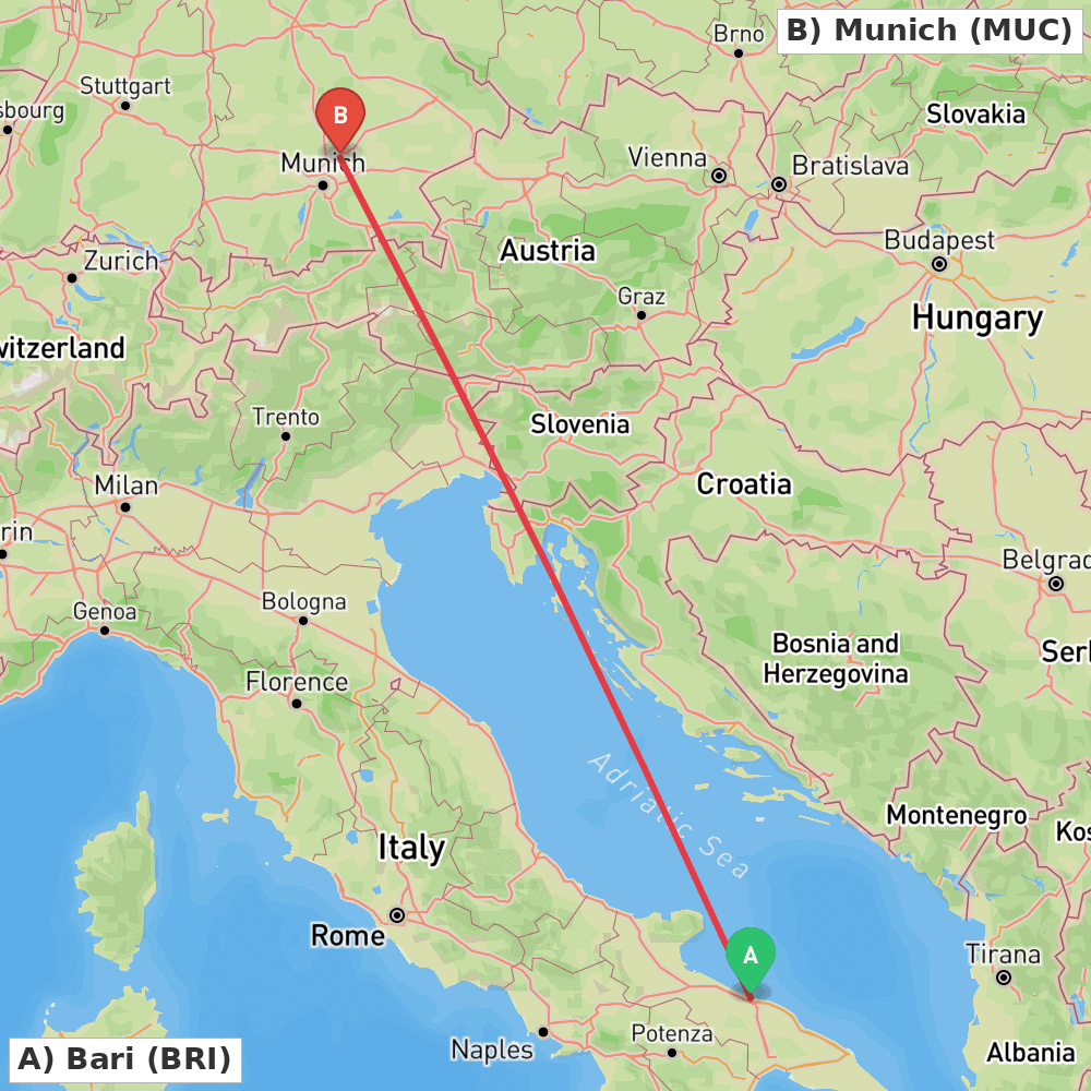 Flight route map from Bari to Munich