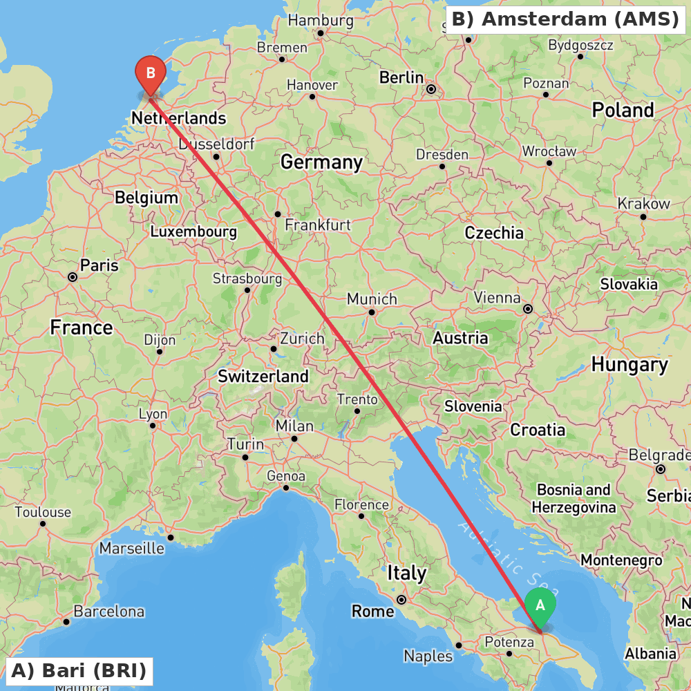 Flight route map from Bari to Amsterdam
