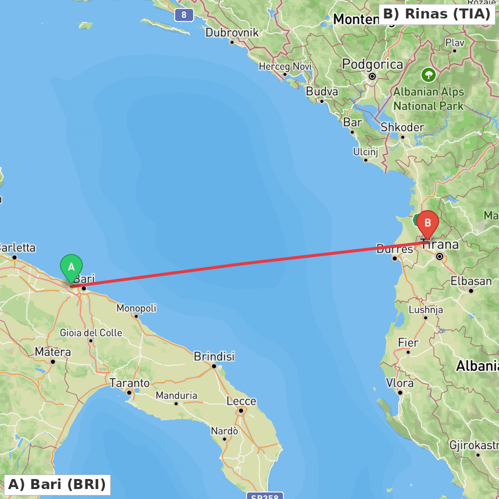 Flight route map from Bari to Rinas