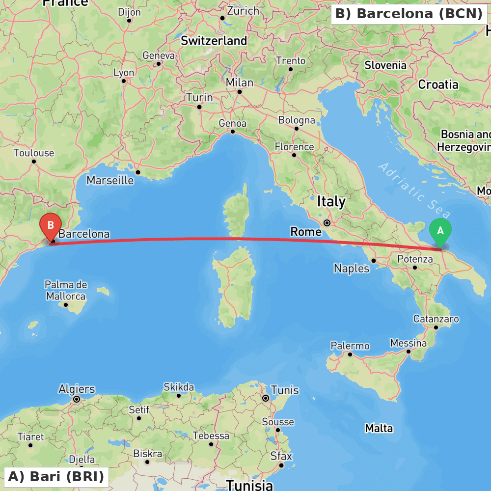Flight route map from Bari to Barcelona