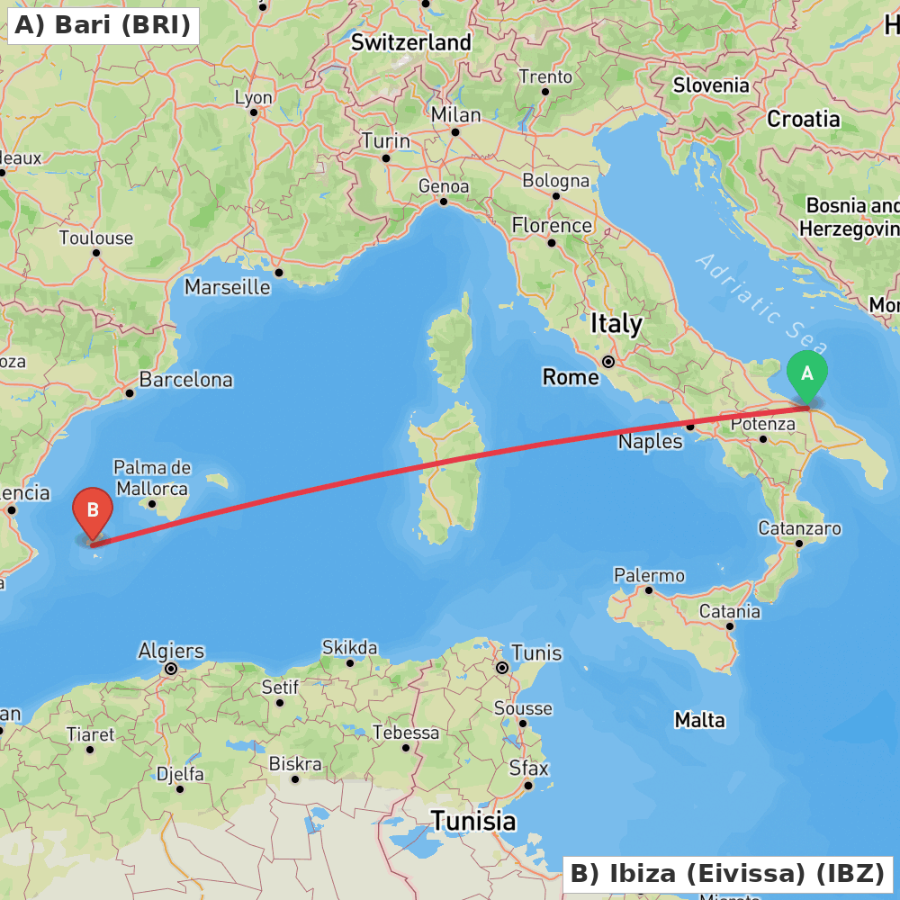 Flight route map from Bari to Ibiza (Eivissa)