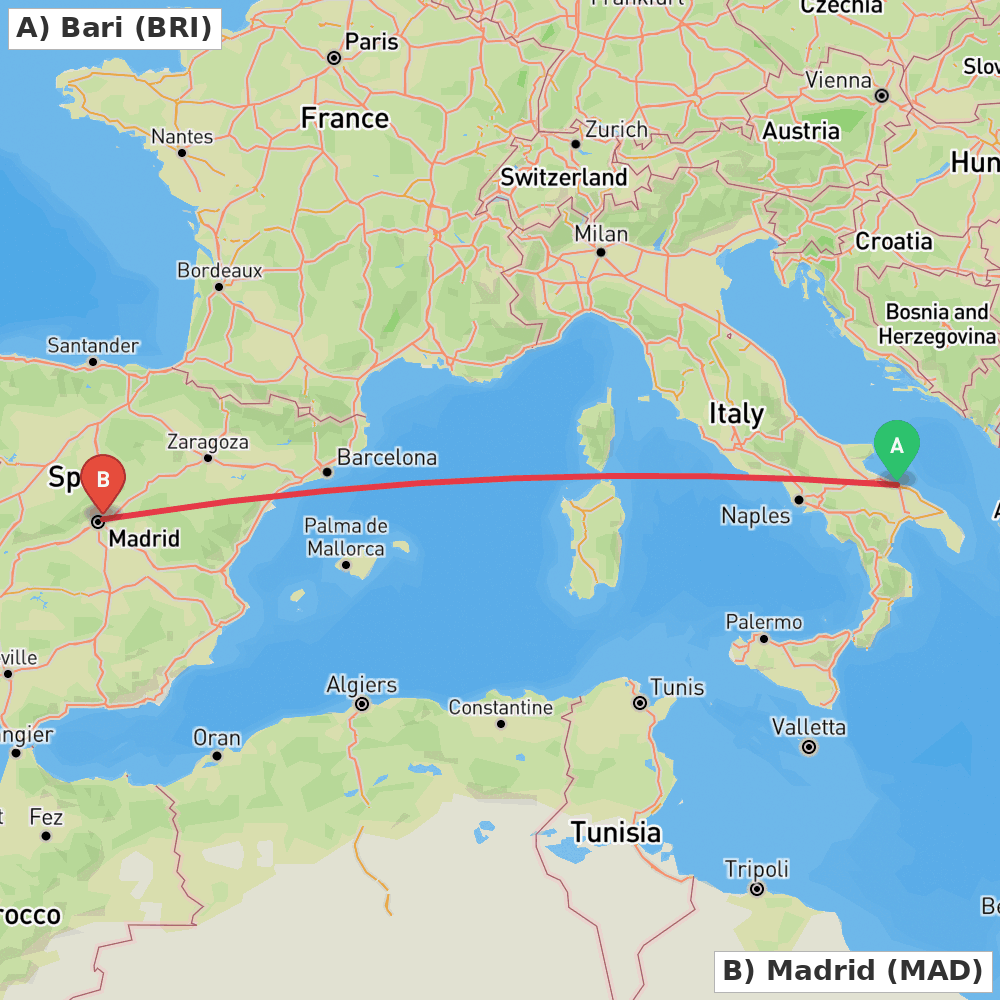 Flight route map from Bari to Madrid