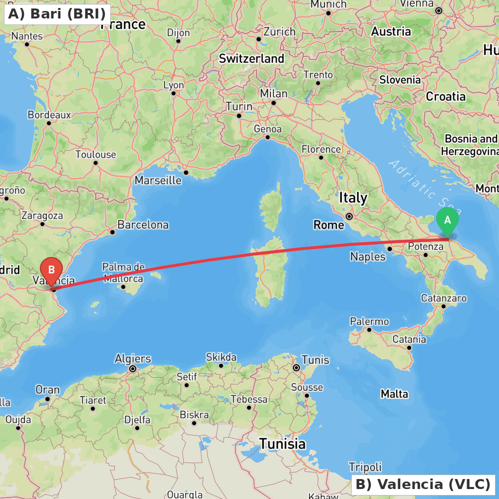 Flight route map from Bari to Valencia