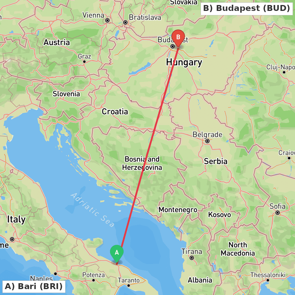Flight route map from Bari to Budapest